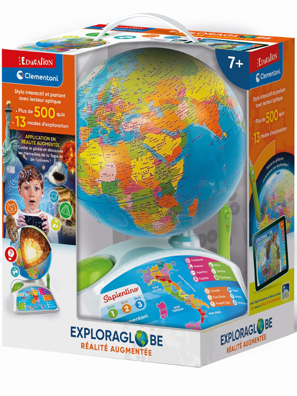 Clementoni - Exploraglobe - Globe Intéractif - Jeu Educatif - 500 Questions  - 3 Niveaux de Difficulté - 13 Modes d'Exploration - Stylo Lecture Optique